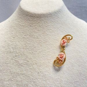 Ceramic Pink Rose Brooch In Gold Tone "S" Shape